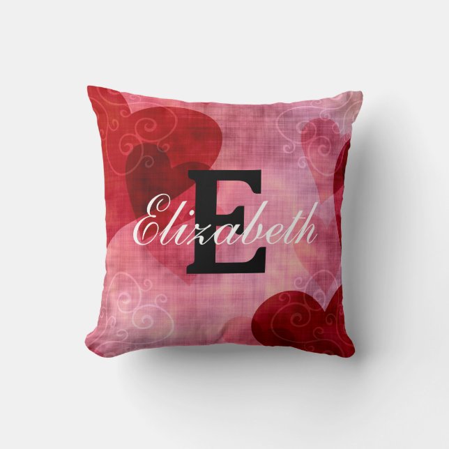 Coussin Nom du monogramme moderne sur Red Pink White Heart (Recto)