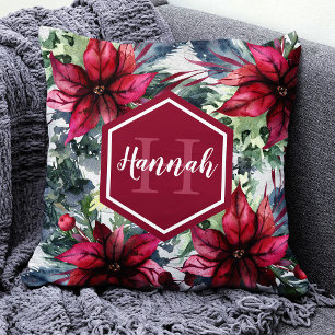 Coussin Nom du monogramme personnalisé Poinsettia rouge