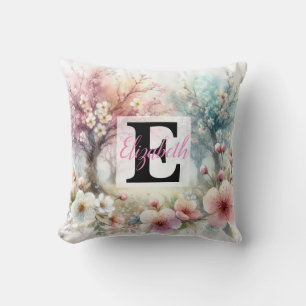 Coussin Nom du monogramme sur l'aquarelle Fleurs en pastel