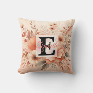 Coussin Nom du monogramme sur l'aquarelle Fleurs en pastel
