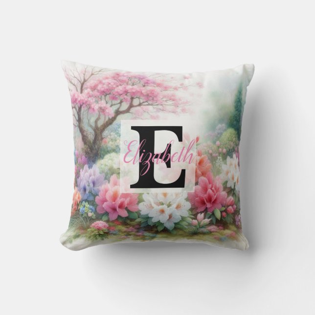 Coussin Nom du monogramme sur l'aquarelle Fleurs en pastel (Recto)