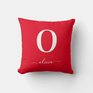 Coussin Nom du script Monogramme Personnalisé Rouge Et Bla
