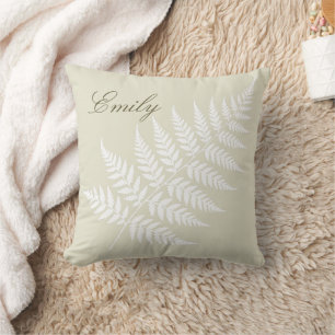 Coussin Nom élégant de script Légère fougère blanche verte