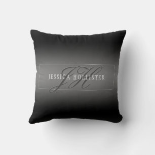 Coussin Nom élégant & Initiales monogrammées Noir & Gris