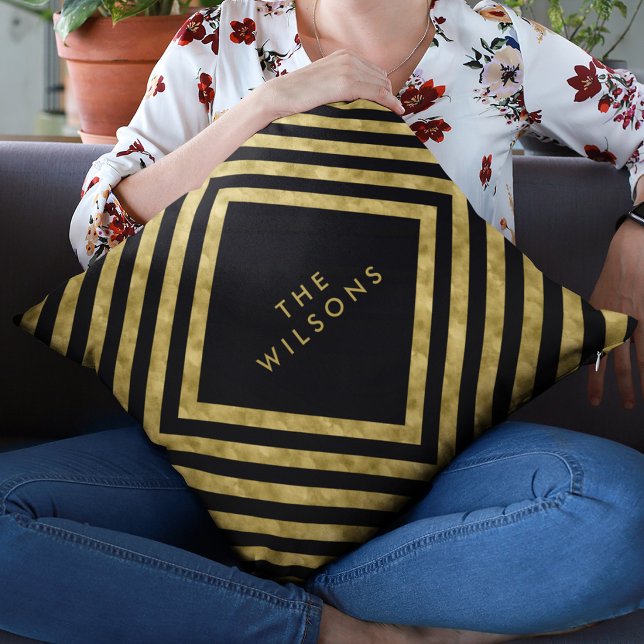 Coussin Nom élégant noir Motif géométrique de lignes carré (Créateur téléchargé)
