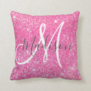 Coussin Nom en monogramme paillettes rose chaud glamour fé