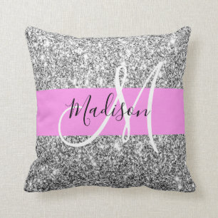 Coussin Nom en monogramme paillettes rose et argent Glam