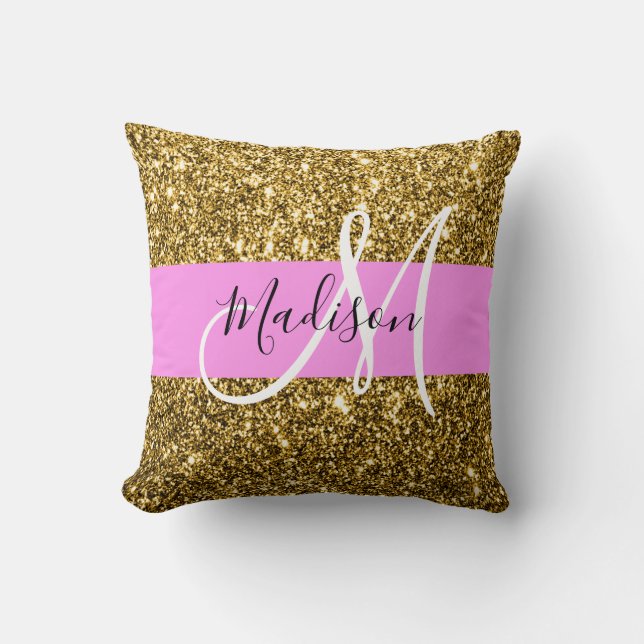 Coussin Nom en monogramme paillettes rose et or Glam (Recto)