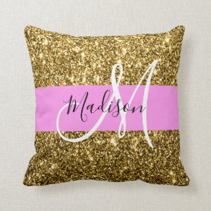 Coussin Nom en monogramme paillettes rose et or Glam