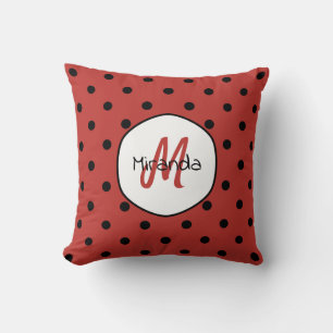 Coussin Nom et monogramme des Pois de la coccinelle rouge