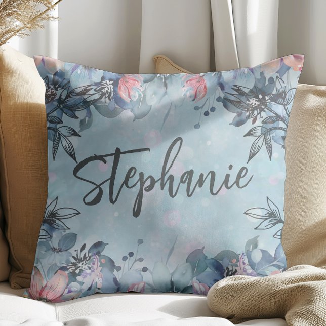 Coussin Nom floral bleu botanique (Créateur téléchargé)