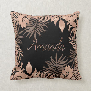 Coussin Nom Floral Rose Or Tropical Noir
