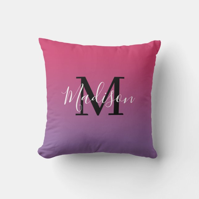 Coussin Nom moderne Monogramme rose à violet dégradé (Recto)