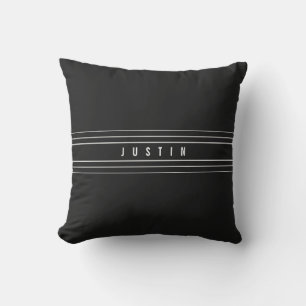 Coussin Nom modifiable et bandes géométriques Noir et bl