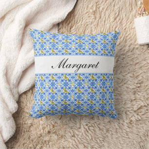 Coussin Nom Monogramme Aquarelle Citron Jaune Carreau Bleu