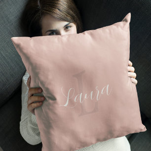 Coussin Nom monogramme blanc rose moderne script girly