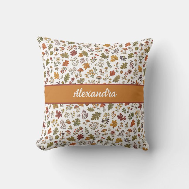 Coussin Nom Monogramme de Feuilles de Champignon Rustique  (Recto)
