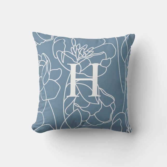 Coussin Nom Monogramme Fleur Sauvage Moderne Bleu Élégant (Recto)