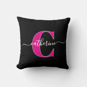 Coussin Nom Monogramme Rose Noir Minimaliste Écriture Élég