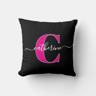 Coussin Nom Monogramme Rose Noir Minimaliste Écriture Élég