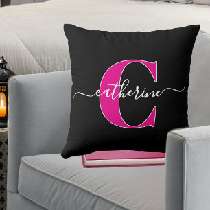 Coussin Nom Monogramme Rose Noir Minimaliste Écriture Élég