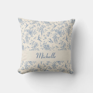 Coussin Nom Motif Toile de Jouy Bleu de Style Country Fran