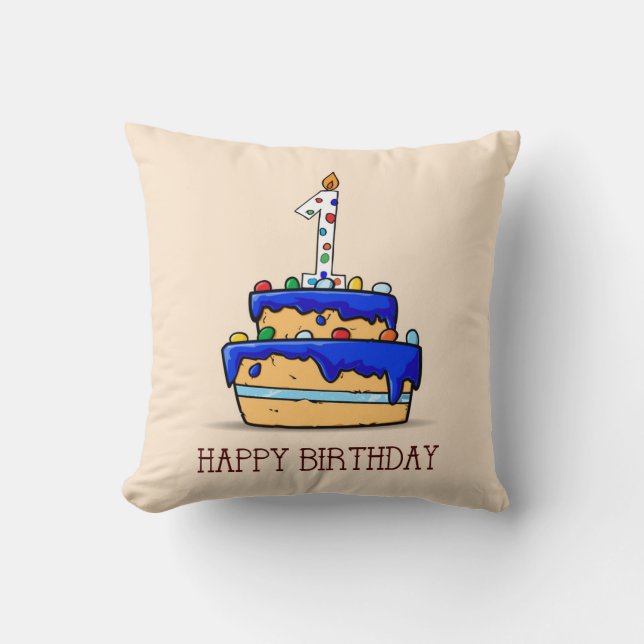 Coussin Nom personnalisé, 1er anniversaire, gâteau bleu do (Recto)