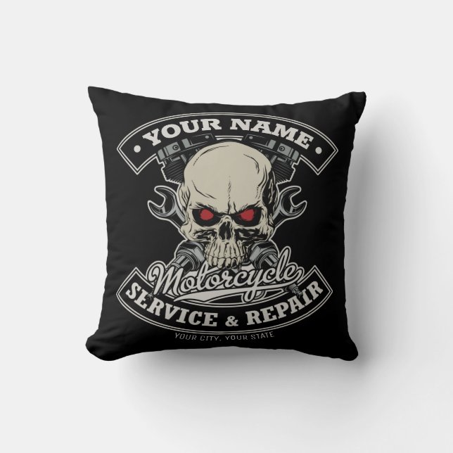 Coussin Nom personnalisé Biker Mécanique Skull Motorcycle  (Recto)