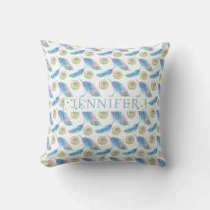 Coussin Nom personnalisé Blue Peacock Feathers Arrière - p