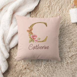 Coussin Nom personnalisé Blush Rose Fleur Lettre C Or Feui