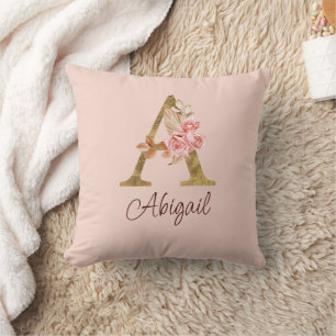 Coussin Nom personnalisé Blush Rose Gold Lettre A