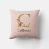 Coussin Nom personnalisé Blush Roses en or Lettre C (Verso)