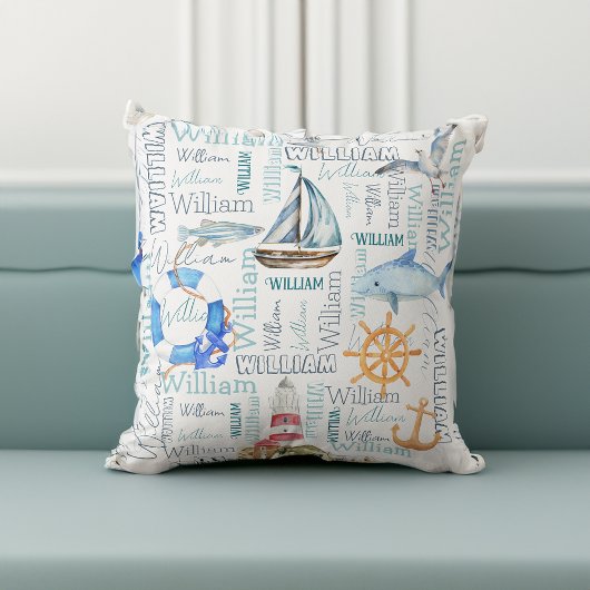 Coussin Nom personnalisé collage nautique cadeaux de garço