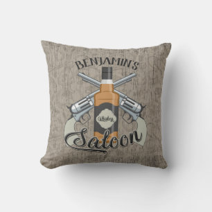 Coussin Nom personnalisé Cowboy Revolver Gun Whiskey Saloo