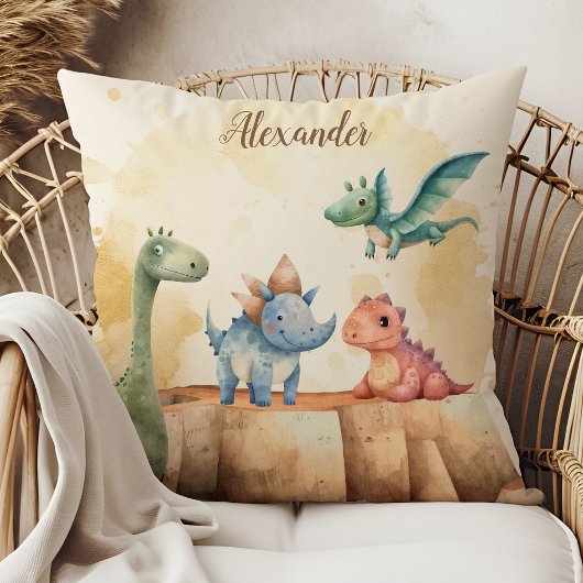 Coussin Nom personnalisé Cute Watercolor Dinosaur