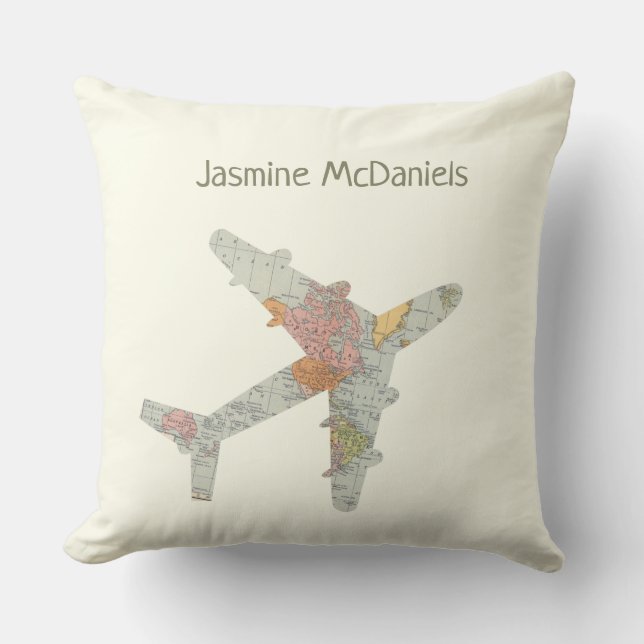 Coussin Nom personnalisé de la carte du monde d'avion (Recto)