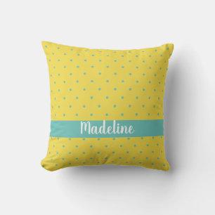 Coussin Nom personnalisé des Pois Jaune et Aqua