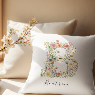 Coussin Nom personnalisé et monogramme floral 'B'