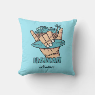 Coussin Nom personnalisé et surf Shaka de localisation