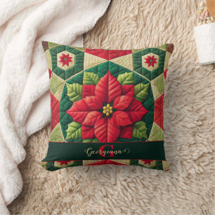 Coussin Nom personnalisé Festif Floral Patchwork Poinsetti