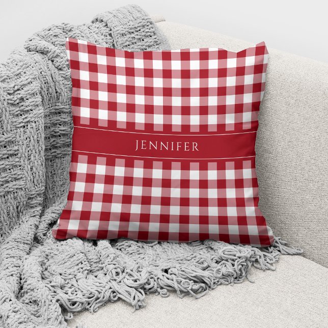 Coussin Nom personnalisé Gingham Rouge (Créateur téléchargé)