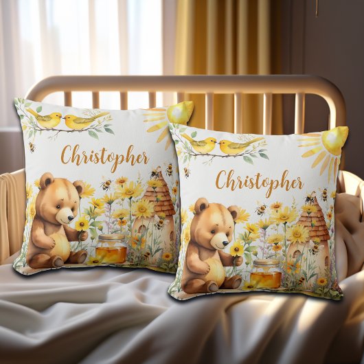 Coussin Nom personnalisé Honey Bees Teddy Bear