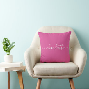 Coussin Nom personnalisé Hot rose Élégant Script Vibrant