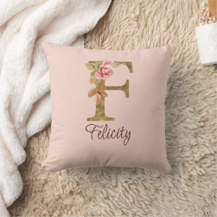 Coussin Nom Personnalisé Lettre F Gold Foil Blush Roses Ro