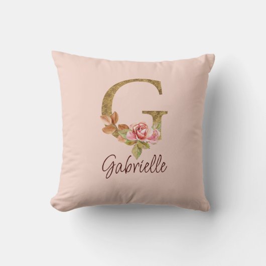 Coussin Nom personnalisé Lettre G Or Foil Blush Roses rose (Recto)