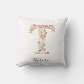 Coussin Nom personnalisé & Monogramme floral 'T' (Recto)