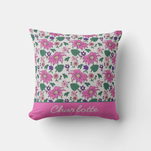 Coussin Nom personnalisé motif floral rose transparent
