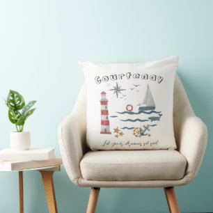 Coussin Nom personnalisé Nautical Ocean Voilier en Blanc
