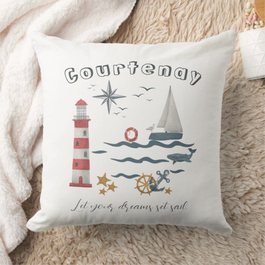 Coussin Nom personnalisé Nautical Ocean Voilier en Blanc (Couverture)