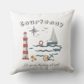 Coussin Nom personnalisé Nautical Ocean Voilier en Blanc (Verso)